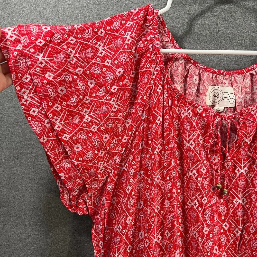 Destination 365 Printed Short-Sleeve Midi Dress with Smo Red Abstract XL